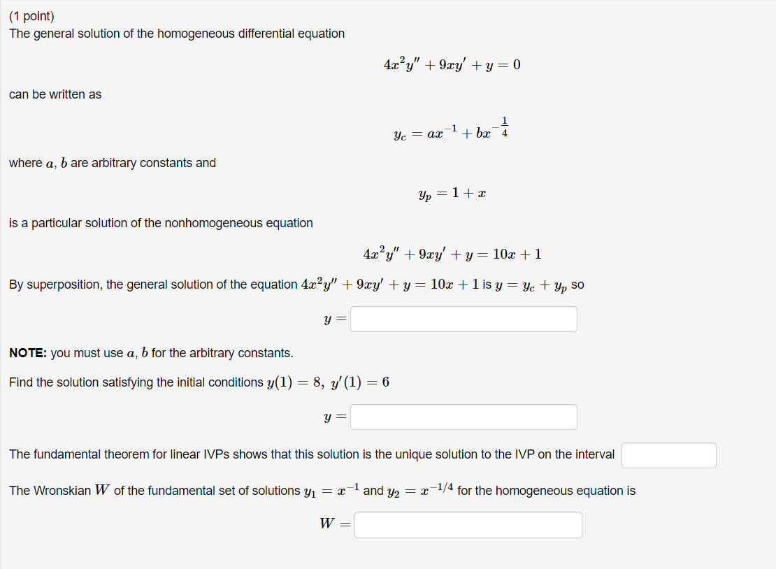 1 Point The General Solution Of The Homogeneous Differential Equation Can Be Written As Where A B Are Arbitrary Const 1