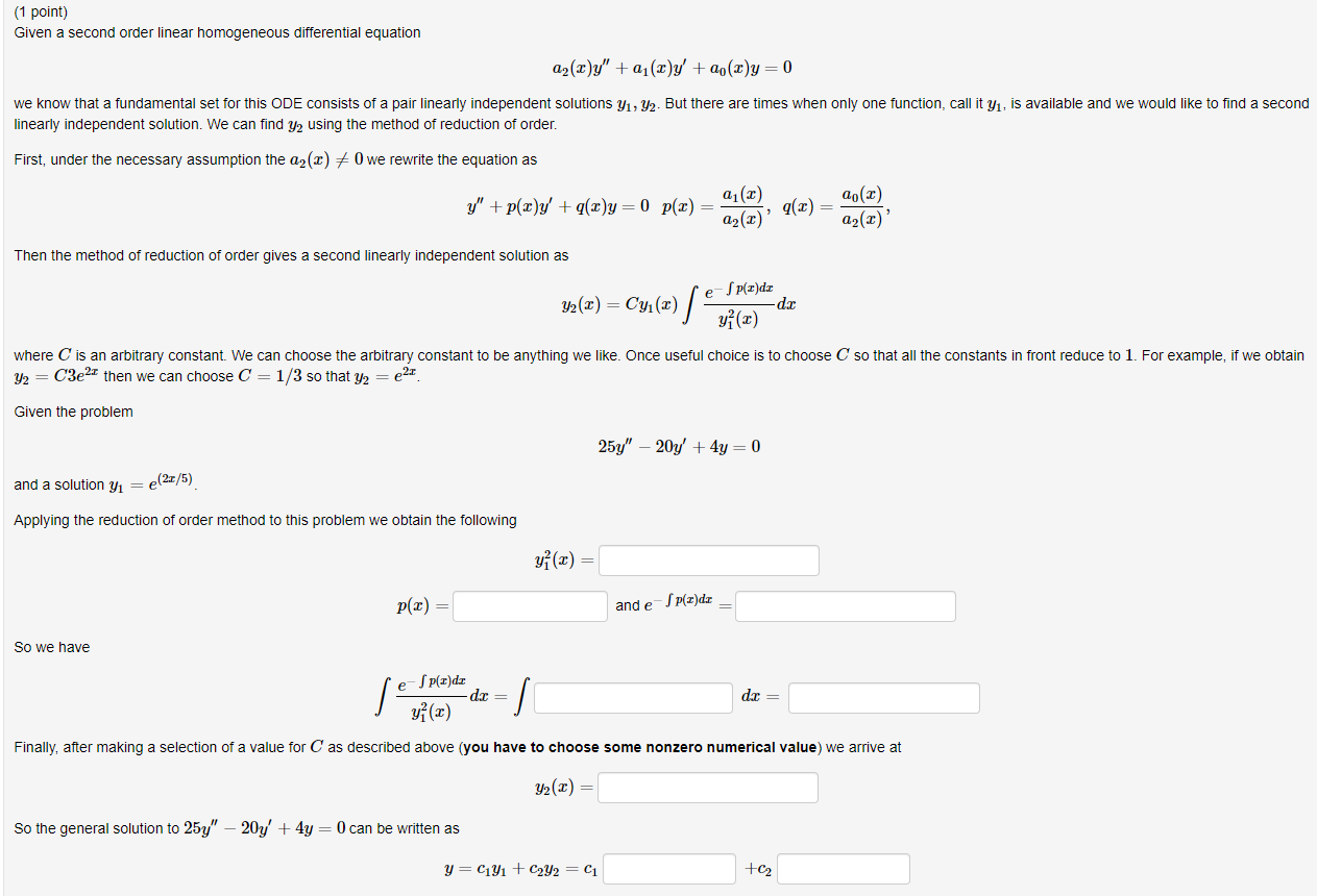 1 Point Given A Second Order Linear Homogeneous Differential Equation A X Y A X Y Ao X Y 0 We Know That A Fund 1
