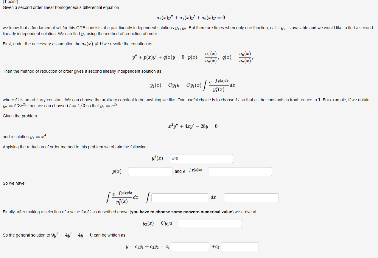 1 Point Given A Second Order Linear Homogeneous Differential Equation A X Y A X Y Ao X Y 0 We Know That A Fund 1