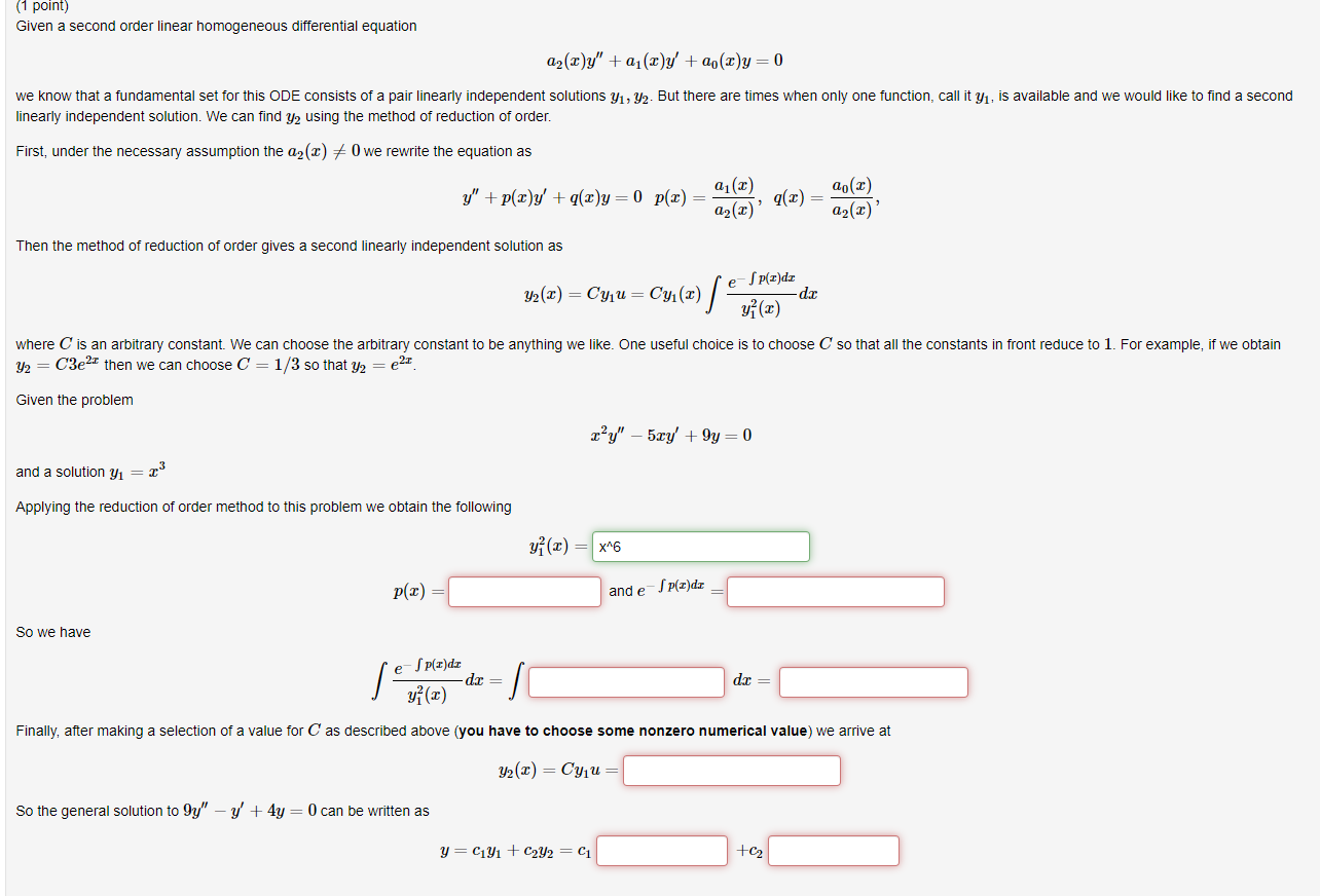 1 Point Given A Second Order Linear Homogeneous Differential Equation A X Y A X Y A X Y 0 We Know That A Fund 1