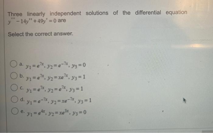 Two Linearly Independent Solutions Of The Differential Equation Y 4y 5y 0 Are Select The Correct Answer J1 E2cosx Y 2