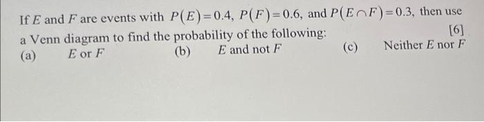 If E And F Are Events With P E 0 4 P F 0 6 And P Ef 0 3 Then Use A Venn Diagram To Find The Probability Of The Fol 1