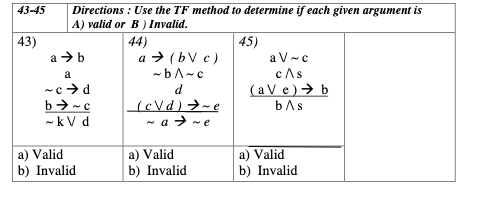 43 45 Directions Use The Tf Method To Determine If Each Given Argument Is A Valid Or B Invalid 43 A B A C D B C 1