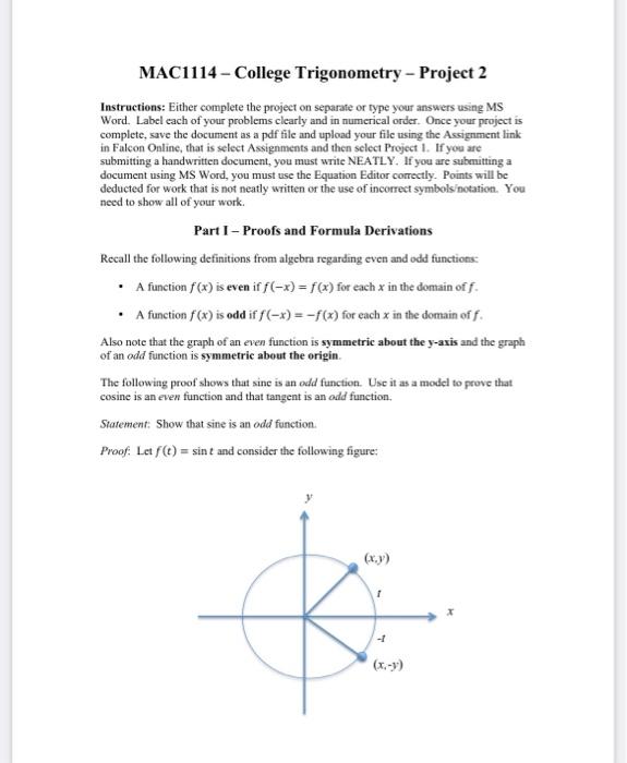 Mac1114 College Trigonometry Project 2 Instructions Either Complete The Project On Separate Or Type Your Answers Usin 1