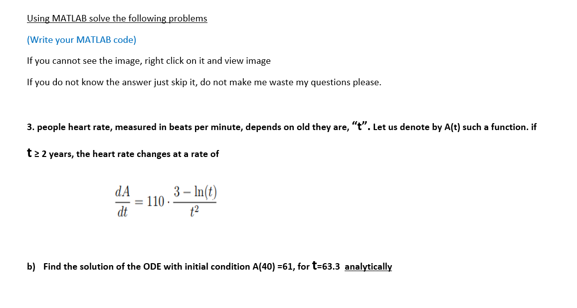 Using Matlab Solve The Following Problems Write Your Matlab Code If You Cannot See The Image Right Click On It And Vi 1