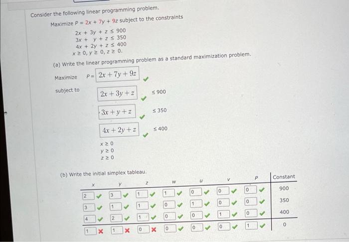 Consider The Following Linear Programming Problem Maximize P 2x 7y 9z Subject To The Constraints 2x 3y Z 90 1