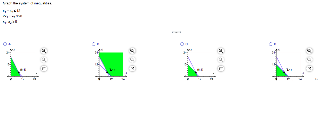 Graph The System Of Inequalities X X 12 2x X 20 X1 X 20 O A Ax2 24 8 4 O B 4x2 24 12 8 4 O C Ax 1