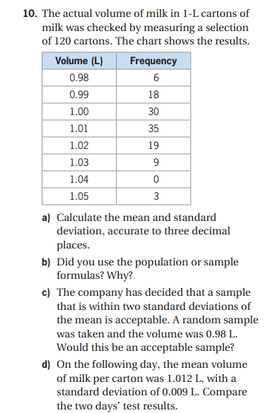 10 The Actual Volume Of Milk In 1 L Cartons Of Milk Was Checked By Measuring A Selection Of 120 Cartons The Chart Show 1