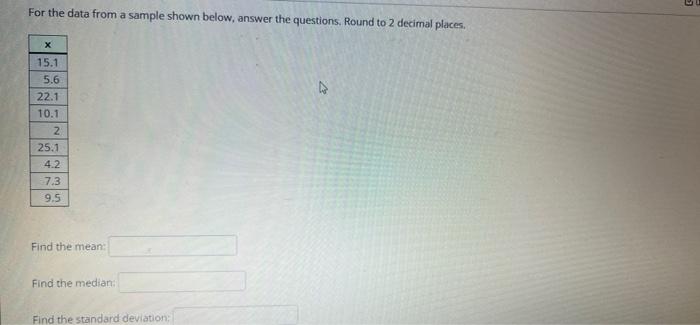 For The Data From A Sample Shown Below Answer The Questions Round To 2 Decimal Places X 15 1 5 6 22 1 10 1 2 25 1 4 2 1