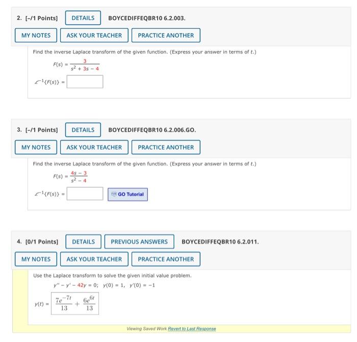 2 1 Points My Notes Ask Your Teacher Practice Another Find The Inverse Laplace Transform Of The Given Function Ex 1