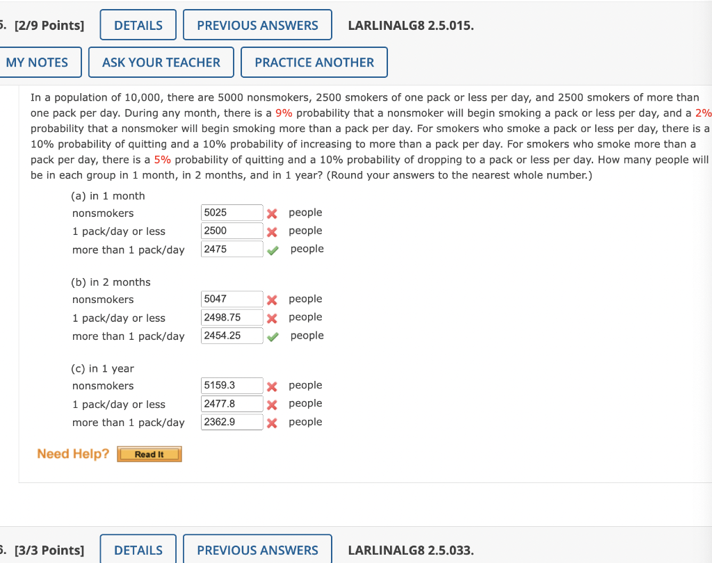 5 2 9 Points My Notes Details Ask Your Teacher A In 1 Month Nonsmokers 1 Pack Day Or Less More Than 1 Pack Day B 1