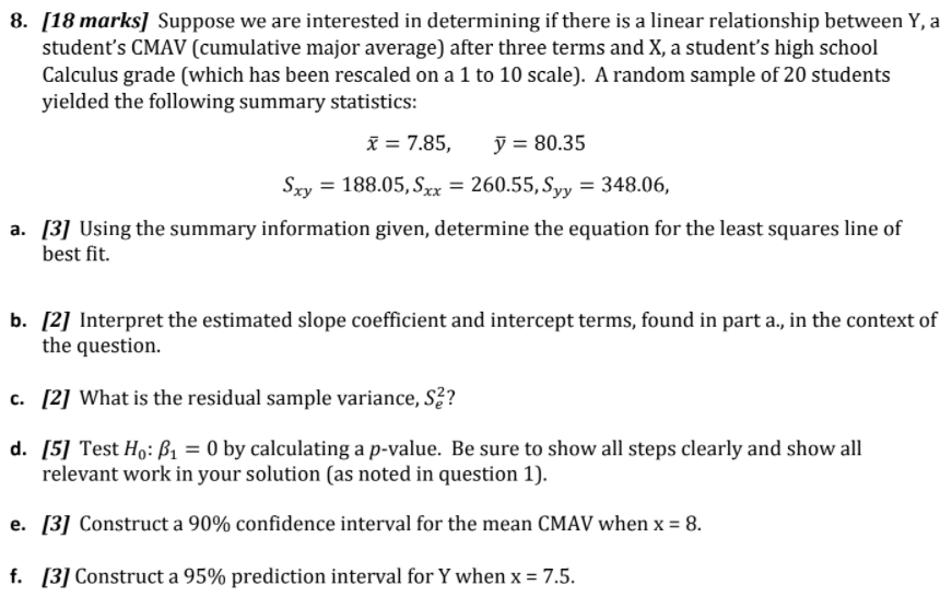 8 18 Marks Suppose We Are Interested In Determining If There Is A Linear Relationship Between Y A Student S Cmav Cu 1