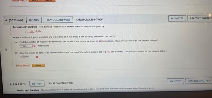Nega Upr 4 0 2 Points Details Previous Answers Tanapcalc10 6 7 006 Consumers Surplus The Demand Function For A Cert 1