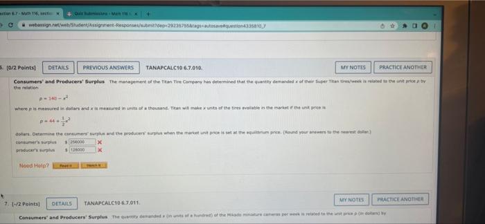 Nega Upr 4 0 2 Points Details Previous Answers Tanapcalc10 6 7 006 Consumers Surplus The Demand Function For A Cert 3
