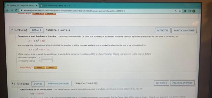 Nega Upr 4 0 2 Points Details Previous Answers Tanapcalc10 6 7 006 Consumers Surplus The Demand Function For A Cert 4
