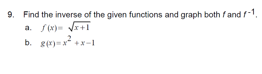 9 Find The Inverse Of The Given Functions And Graph Both F And F 1 A F X X 1 2 B G X X X 1 1