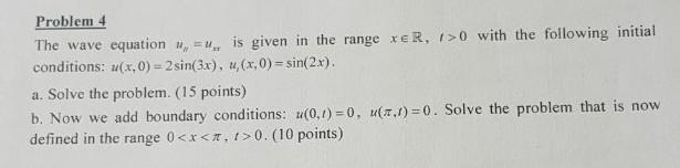 Problem 4 The Wave Equation U U Is Given In The Range Xer 0 With The Following Initial Conditions U X 0 2 Sin 3x 1