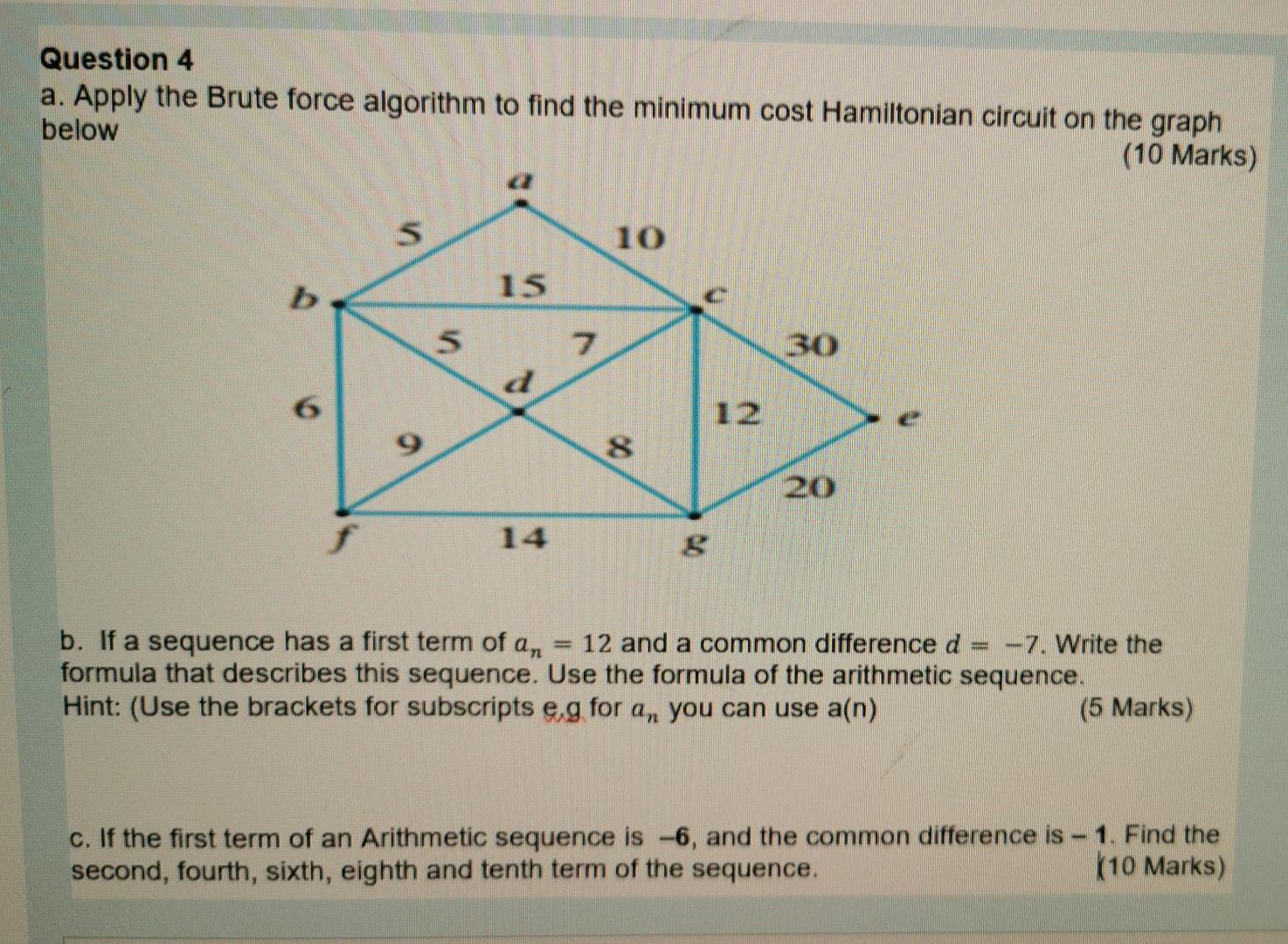 Question 4 A Apply The Brute Force Algorithm To Find The Minimum Cost Hamiltonian Circuit On The Graph Below 10 Marks 1