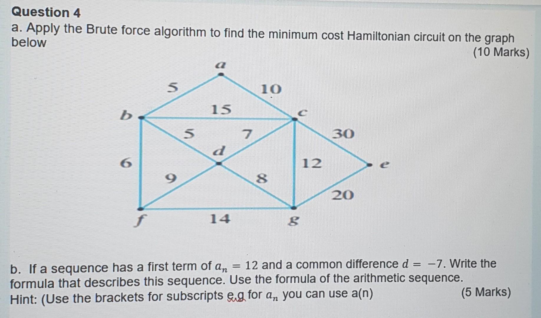 Question 4 A Apply The Brute Force Algorithm To Find The Minimum Cost Hamiltonian Circuit On The Graph Below 10 Marks 1