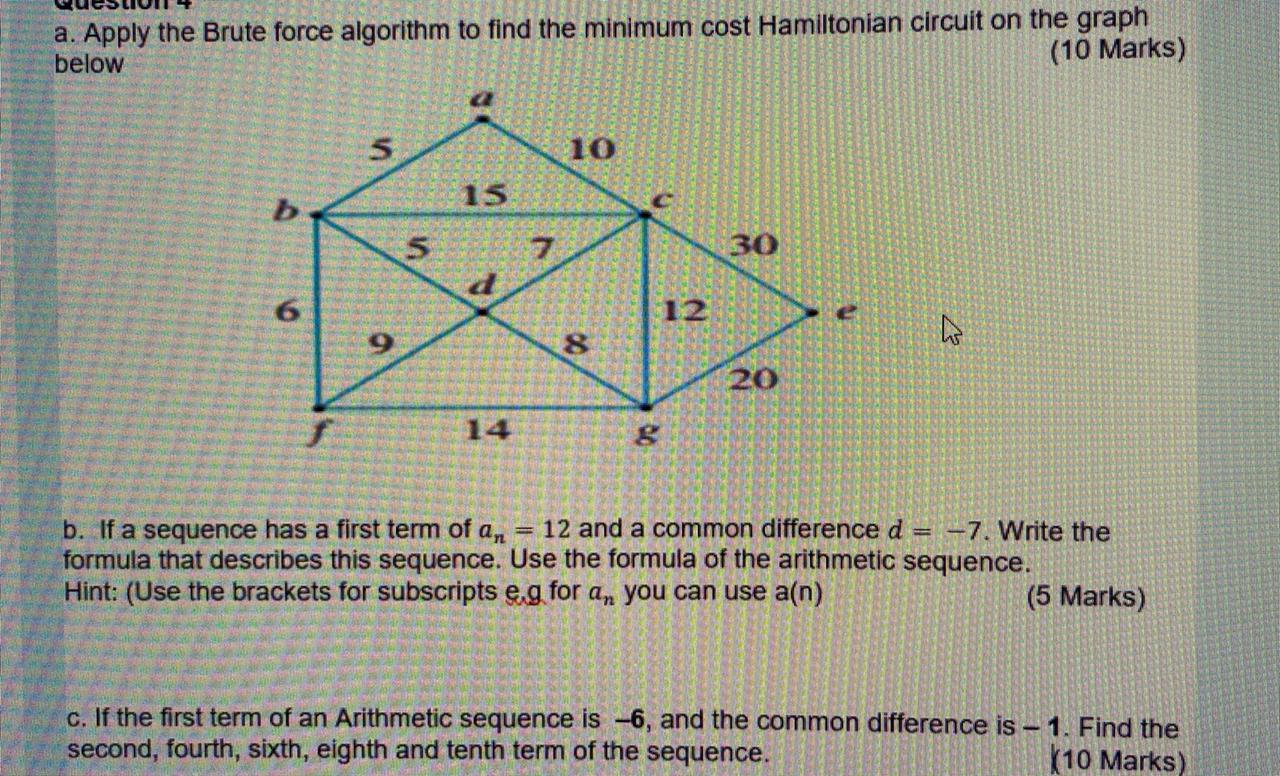 A Apply The Brute Force Algorithm To Find The Minimum Cost Hamiltonian Circuit On The Graph Below 10 Marks 6 5 9 5 15 1