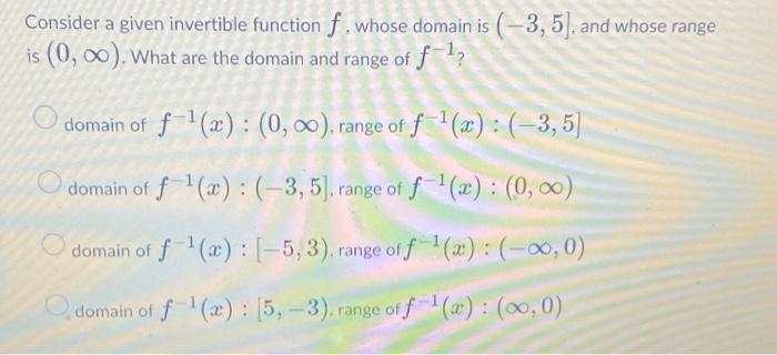 Consider A Given Invertible Function F Whose Domain Is 3 5 And Whose Range Is 0 00 What Are The Domain And Rang 1