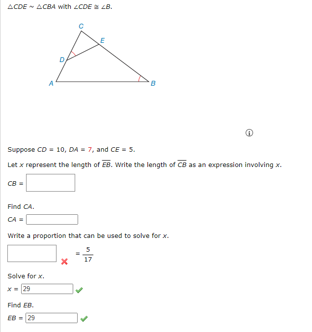 Acde Acba With Lcde Lb Cb Find Ca Ca Suppose Cd 10 Da 7 And Ce 5 Let X Represent The Length Of Eb Wr 1
