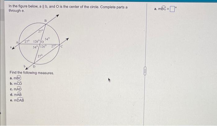 In The Figure Below A B And O Is The Center Of The Circle Complete Parts A Through E 27 27 126 0 D B 54 1260 2 1
