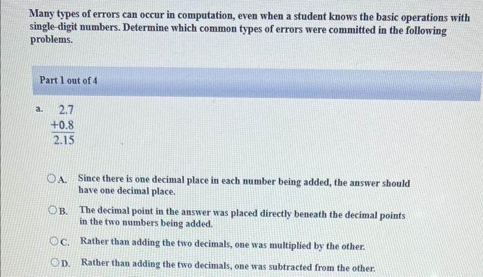 Many Types Of Errors Can Occur In Computation Even When A Student Knows The Basic Operations With Single Digit Numbers 1