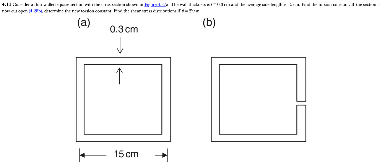 4 11 Consider A Thin Walled Square Section With The Cross Section Shown In Figure 4 37a The Wall Thickness Is T 0 3 C 1