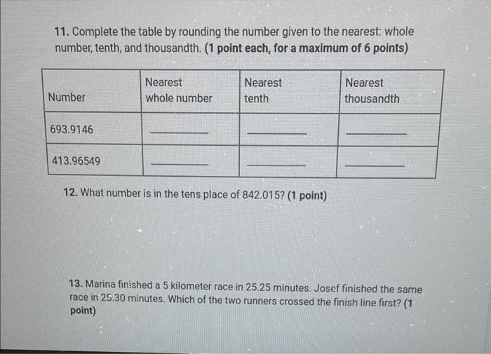 11 Complete The Table By Rounding The Number Given To The Nearest Whole Number Tenth And Thousandth 1 Point Each 1