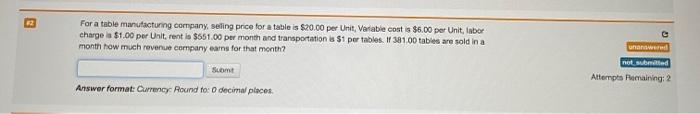 For A Table Manufacturing Company Selling Price For A Table Is 20 00 Per Unit Variable Cost Is 6 00 Per Unit Labor 1