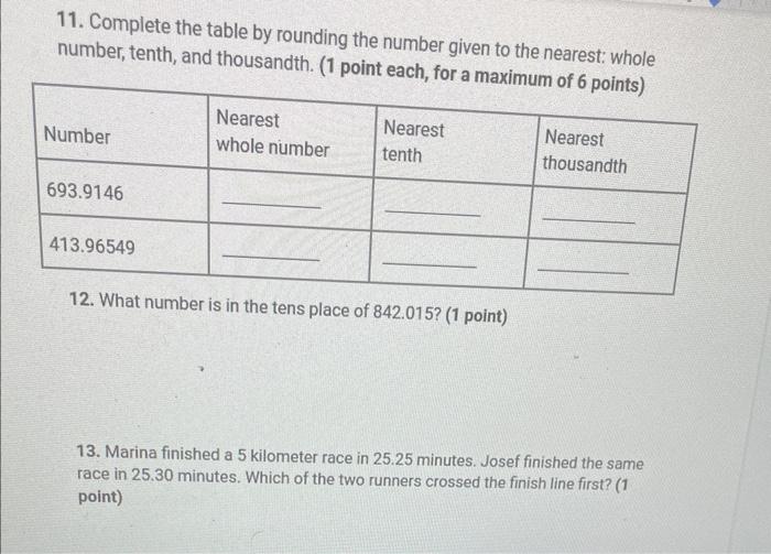 11 Complete The Table By Rounding The Number Given To The Nearest Whole Number Tenth And Thousandth 1 Point Each 1