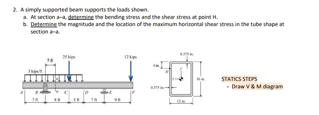 2 A Simply Supported Beam Supports The Loads Shown A At Section A A Determine The Bending Stress And The Shear Stres 1