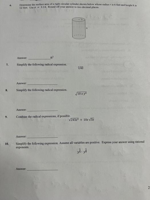 7 8 9 10 6 Determine The Surface Area Of A Right Circular Cylinder Shown Below Whose Radius R Is 6 Feet And Height 1