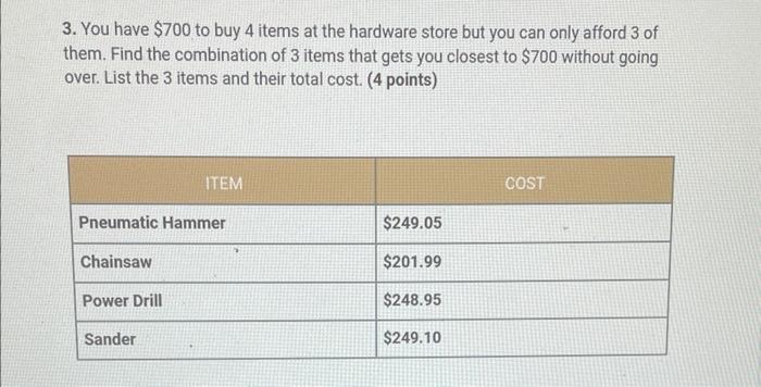 3 You Have 700 To Buy 4 Items At The Hardware Store But You Can Only Afford 3 Of Them Find The Combination Of 3 Items 1