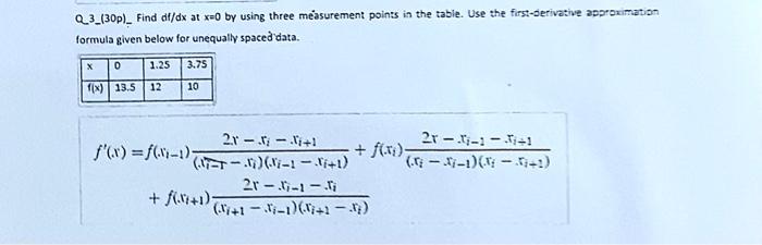 Q3 30p Find Df Dx At X 0 By Using Three Measurement Points In The Table Use The First Derivative Approximation Formul 1