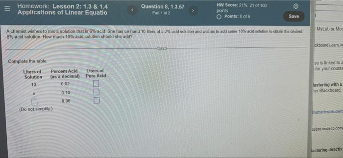 Homework Lesson 2 1 3 1 4 Applications Of Linear Equatio Complete The Table Liters Of Solution 10 X A Chemist Wishe 1