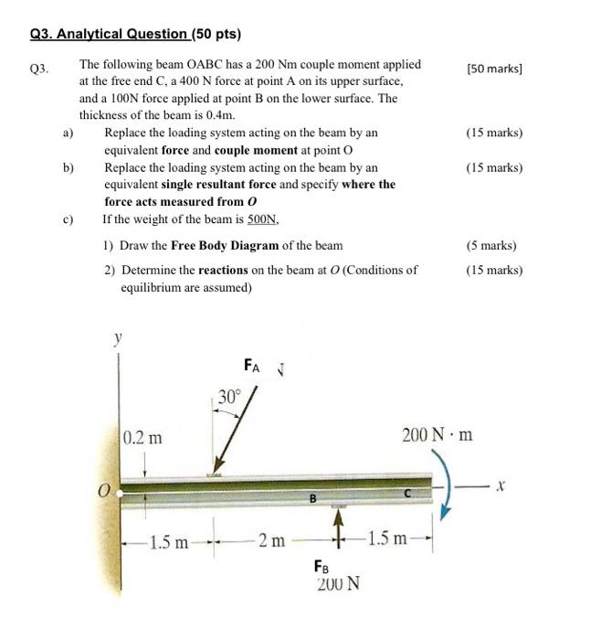 50 Marks 15 Marks Q3 Analytical Question 50 Pts Q3 The Following Beam Oabc Has A 200 Nm Couple Moment Applied At 1