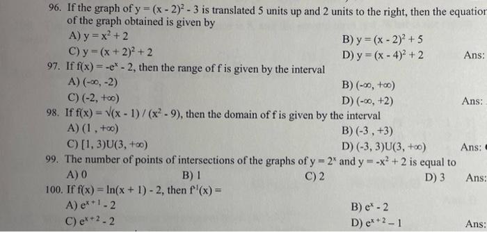 96 If The Graph Of Y X 2 3 Is Translated 5 Units Up And 2 Units To The Right Then The Equation Of The Graph O 1