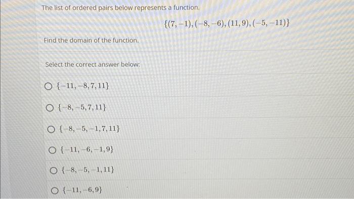 The List Of Ordered Pairs Below Represents A Function Find The Domain Of The Function Select The Correct Answer Below 1