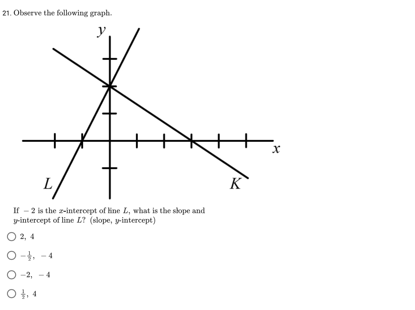 21 Observe The Following Graph Y Janne L If 2 Is The X Intercept Of Line L What Is The Slope And Y Intercept Of Line 1