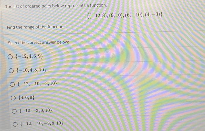 The List Of Ordered Pairs Below Represents A Function Find The Range Of The Function Select The Correct Answer Below 1