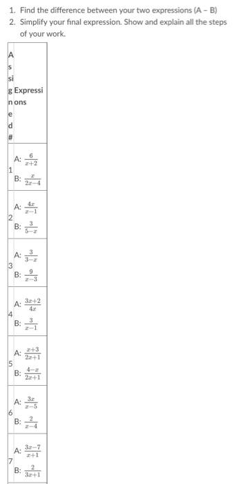 1 Find The Difference Between Your Two Expressions A B 2 Simplify Your Final Expression Show And Explain All The 1