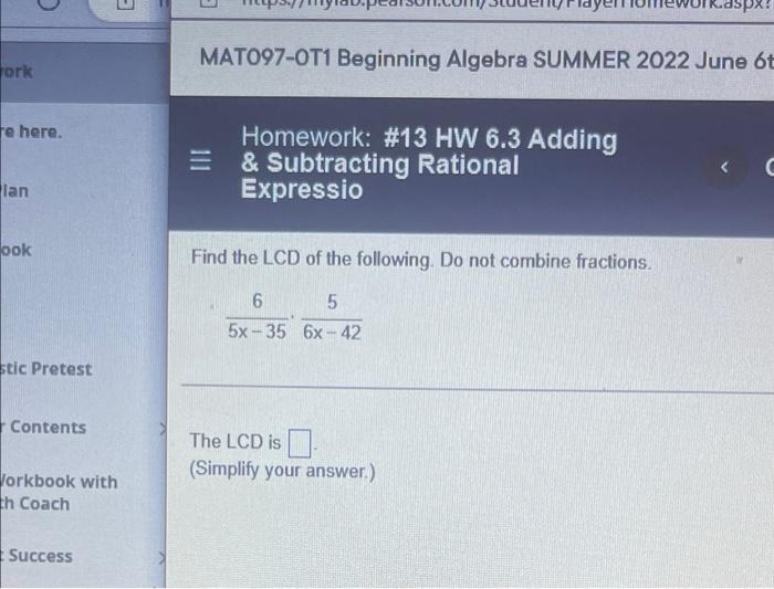 Ork Re Here Lan Ook Stic Pretest Contents Workbook With Th Coach Success Mat097 Ot1 Beginning Algebra Summer 2022 June 1