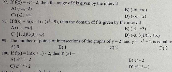 97 If F X E 2 Then The Range Of F Is Given By The Interval A 2 B 0 00 C 2 00 D 00 2 1