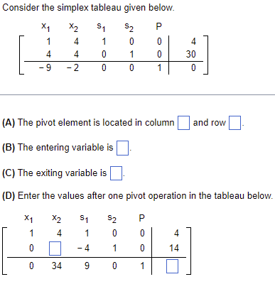 Consider The Simplex Tableau Given Below X X 1 2 P 1 4 1 0 0 4 4 1 9 2 X1 1 0 0 X2 4 34 0 0 A The Pivot Elemen 1