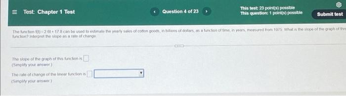Test Chapter 1 Test Write The Equation Of The Function If Its Rate Of Change Is 13 And Its Initial Value Is 14 Questi 4