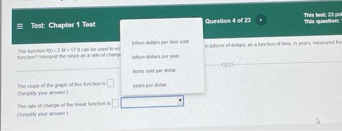 Test Chapter 1 Test Write The Equation Of The Function If Its Rate Of Change Is 13 And Its Initial Value Is 14 Questi 5