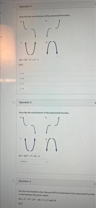 A Question 1 Describe The End Behavior Of The Polynomial Function Un Fod 4 A1 On On Od 94 Question 2 Describe The End 2
