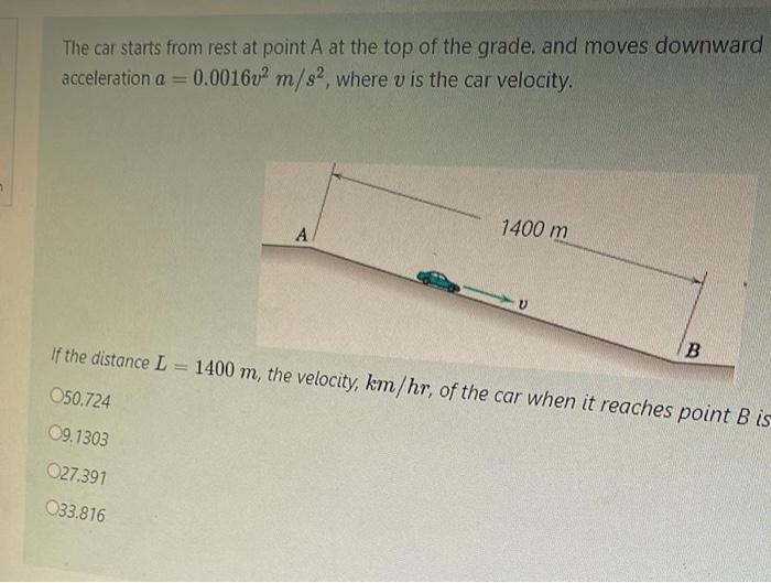 The Car Starts From Rest At Point A At The Top Of The Grade And Moves Downward Acceleration A 0 001672 M S2 Where V 1